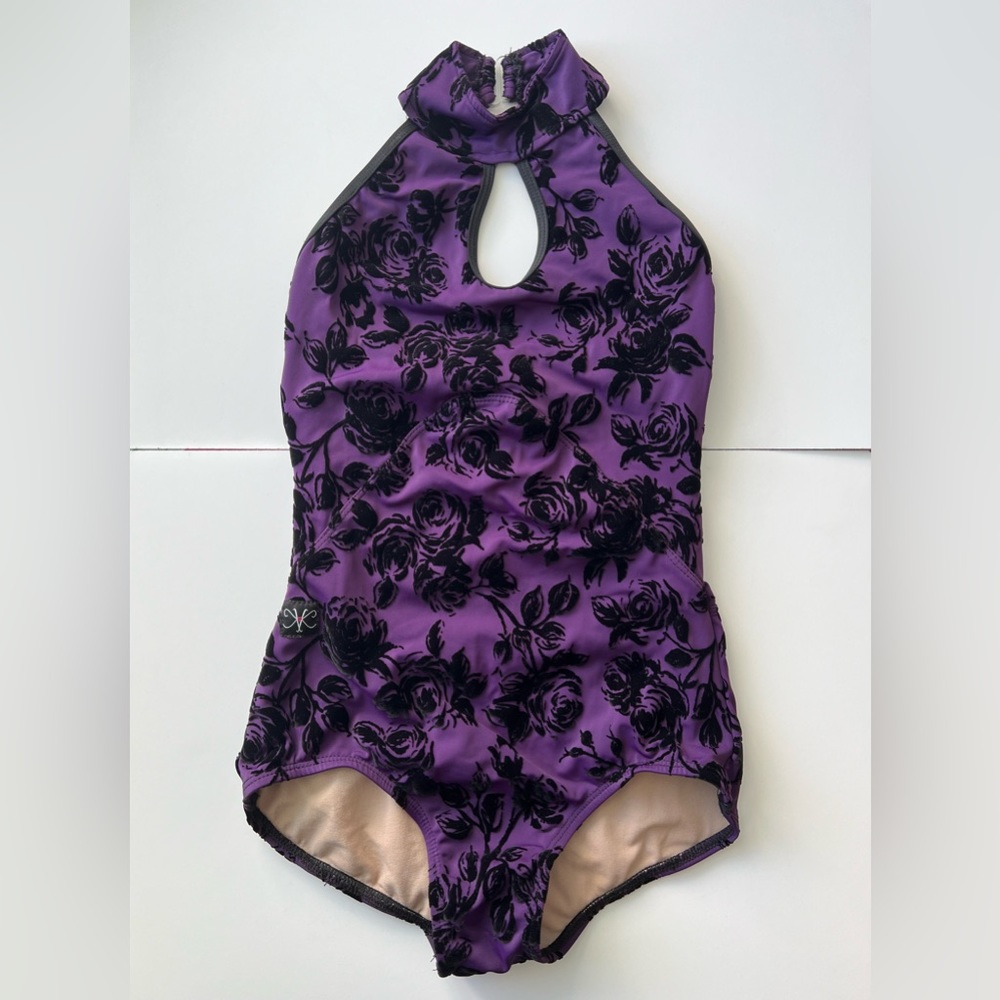 Kandi Kouture Purple/Black Floral Print Halter Leotard